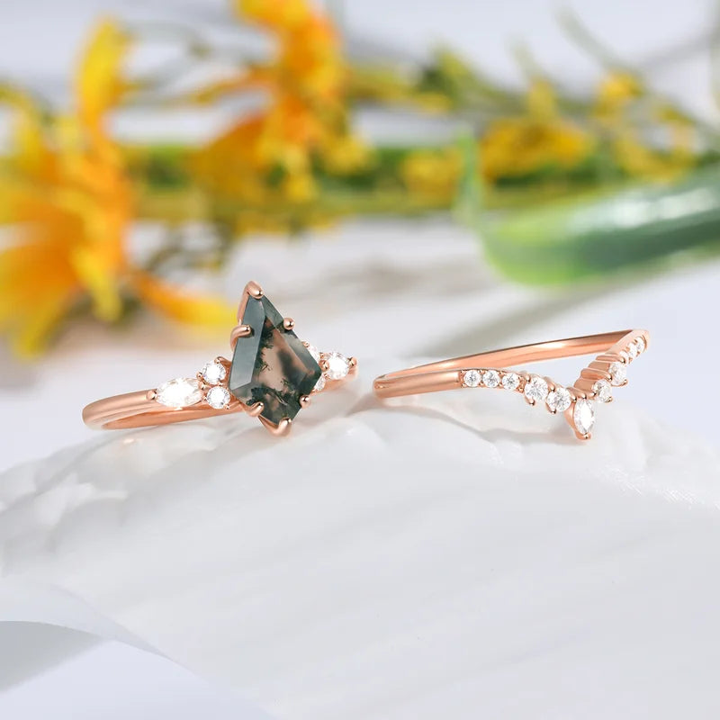 Kite Cut Moss Agate Engagement Ring Set with Moissanite