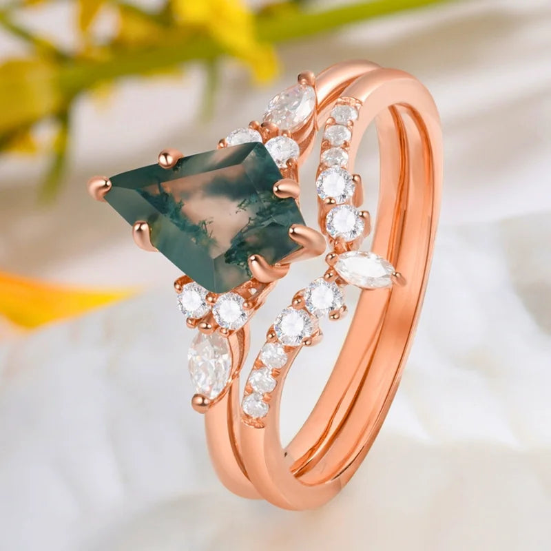 Kite Cut Moss Agate Engagement Ring Set with Moissanite