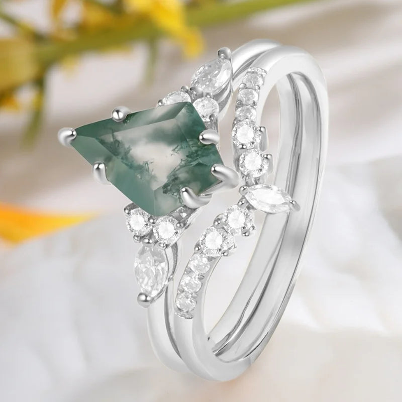 Kite Cut Moss Agate Engagement Ring Set with Moissanite