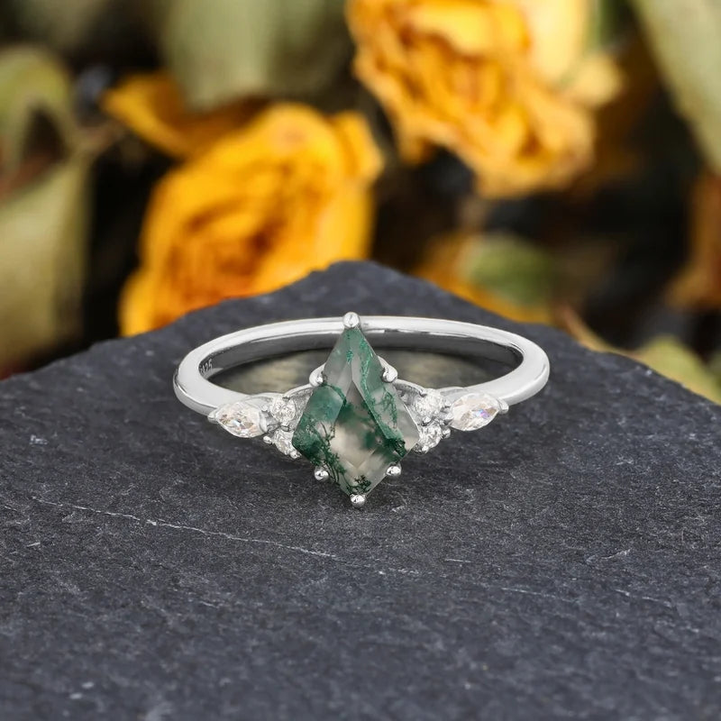 Kite Cut Moss Agate Ring with Moissanite Sterling Silver