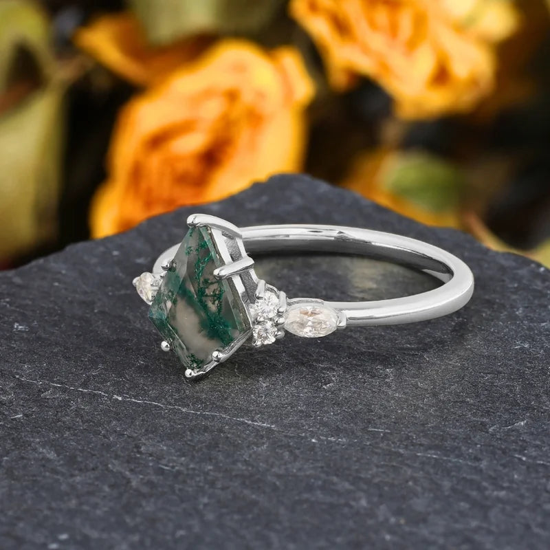Kite Cut Moss Agate Ring with Moissanite Sterling Silver