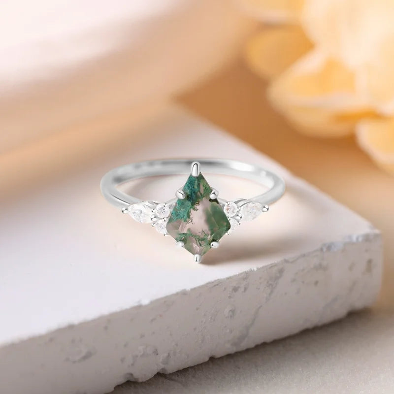 Kite Cut Moss Agate Ring with Moissanite Sterling Silver