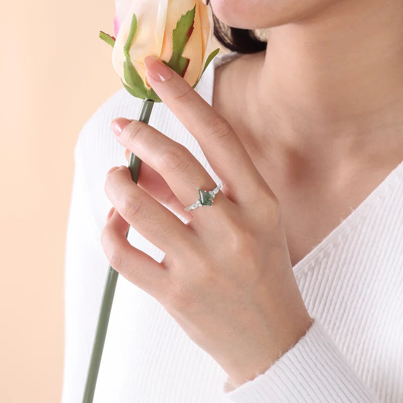 Kite Cut Moss Agate Ring with Moissanite Sterling Silver