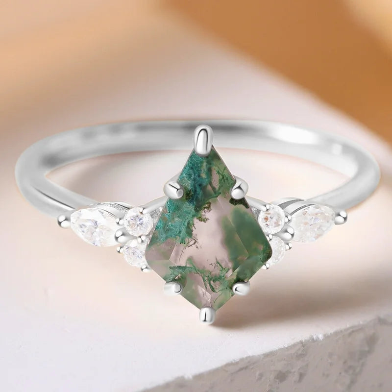 Kite Cut Moss Agate Ring with Moissanite Sterling Silver