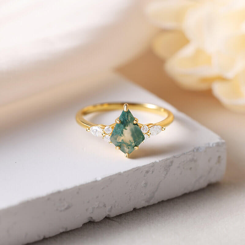 Kite Cut Moss Agate Engagement Ring with Moissanite Sterling Silver Yellow Gold Plated