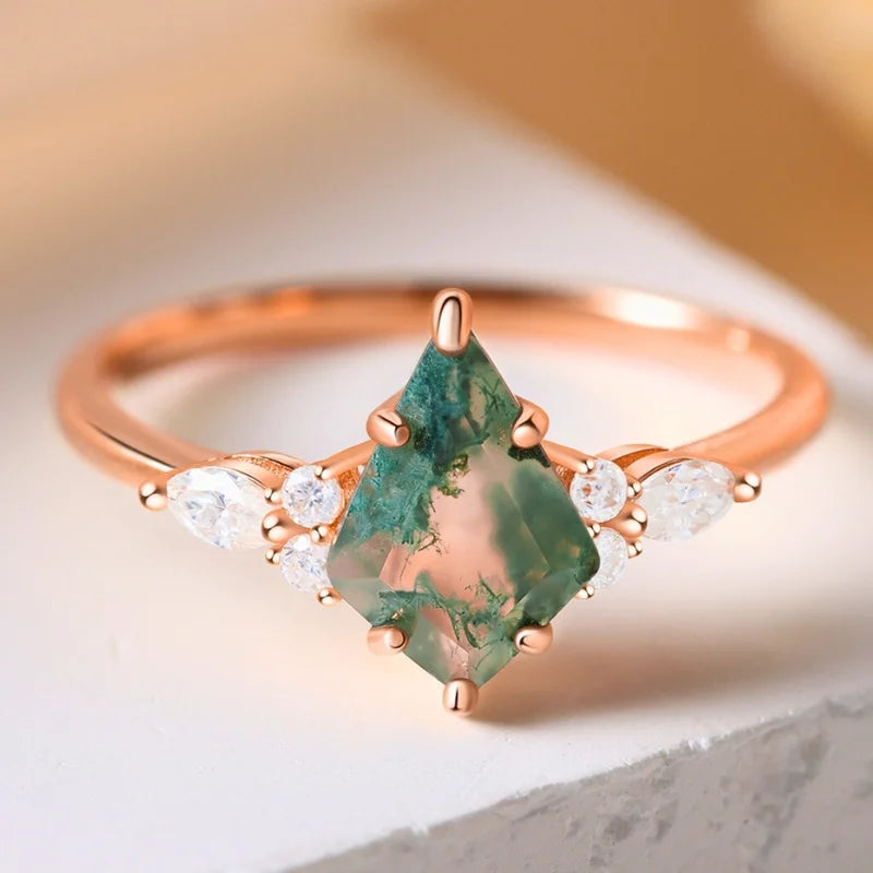 Kite Cut Moss Agate Ring with Moissanite Sterling Silver