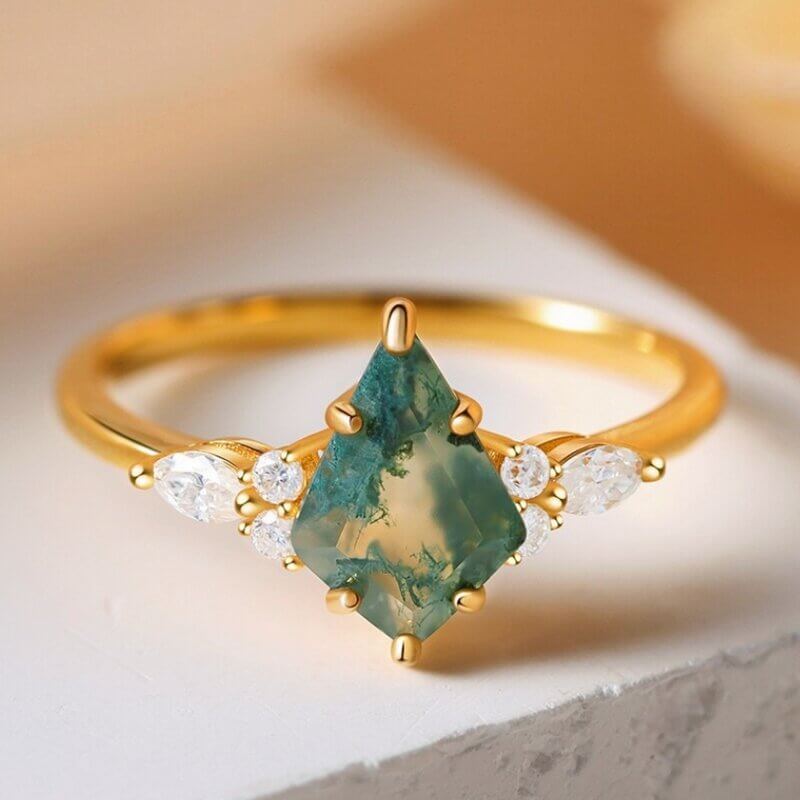 Kite Cut Moss Agate Engagement Ring with Moissanite Sterling Silver Yellow Gold Plated