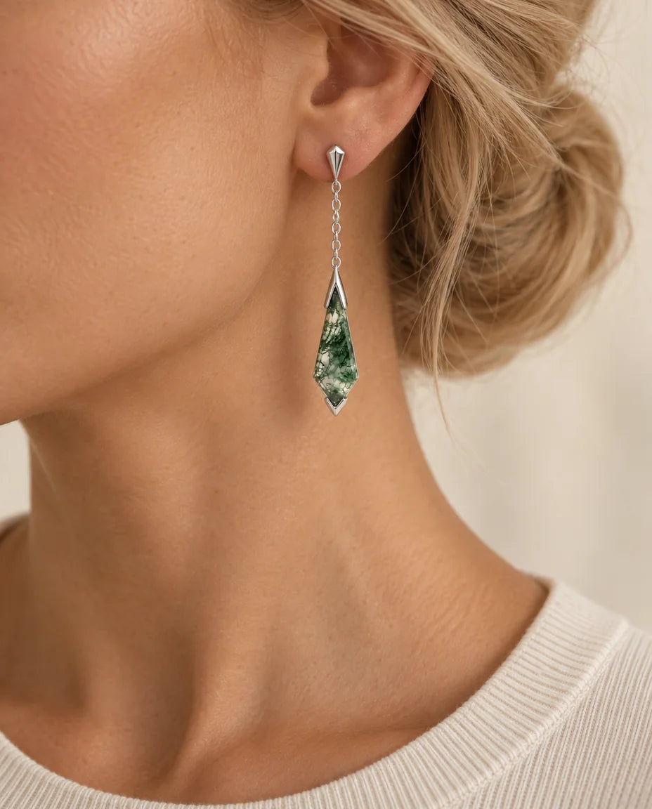 Moss Agate Jewellery Set - earring worn on the ear