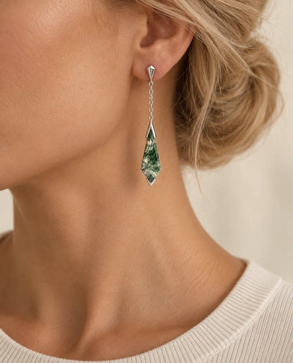 Moss Agate Jewellery Set - earring worn on the ear