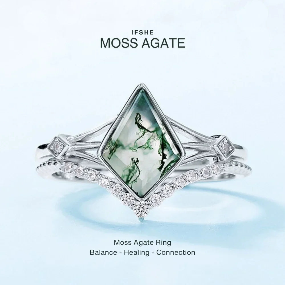 Kite Cut Moss Agate Ring Set in 925 Sterling Silver with White Gold Plating