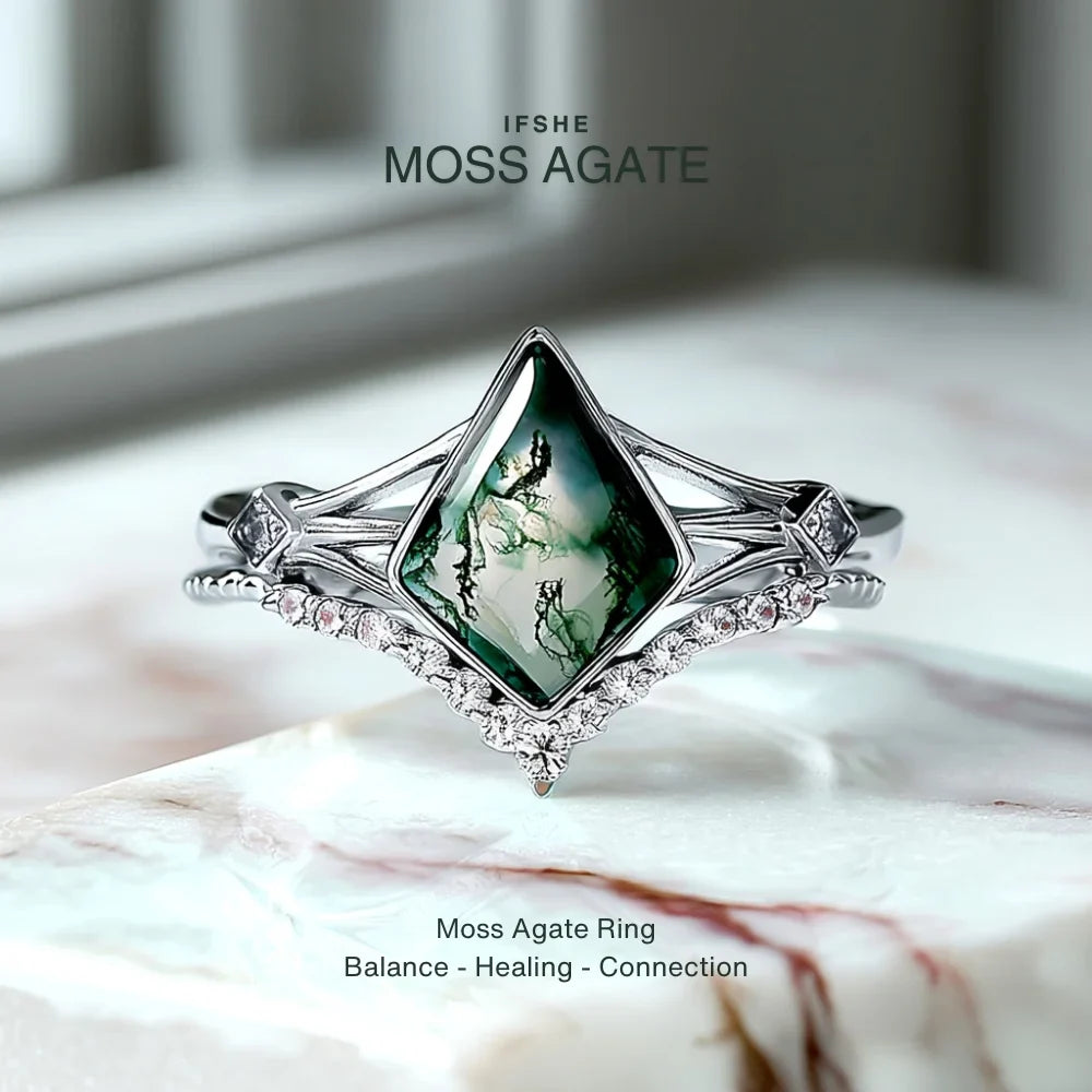 Kite Cut Moss Agate Ring Set in 925 Sterling Silver with White Gold Plating