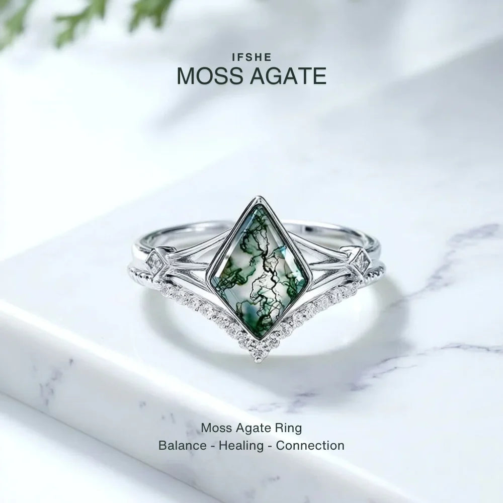 Kite Cut Moss Agate Ring Set in 925 Sterling Silver with White Gold Plating