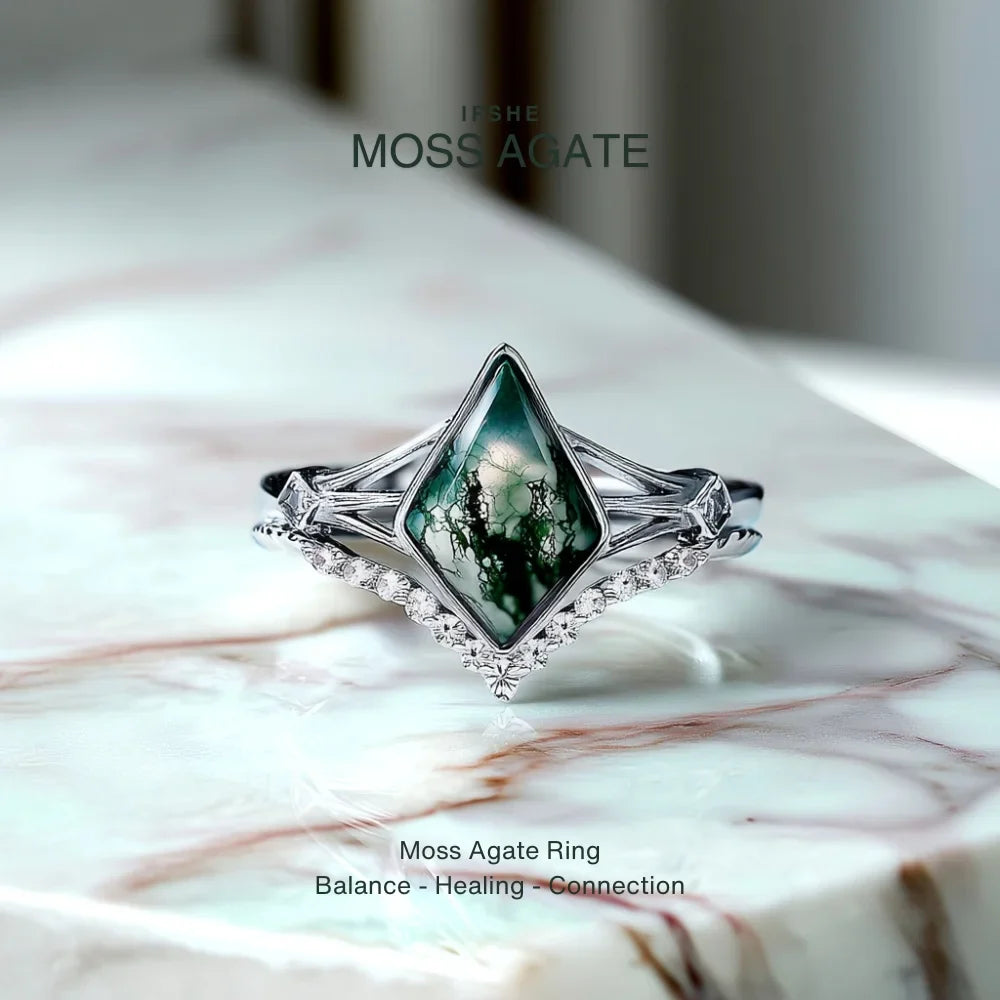 Kite Cut Moss Agate Ring Set in 925 Sterling Silver with White Gold Plating