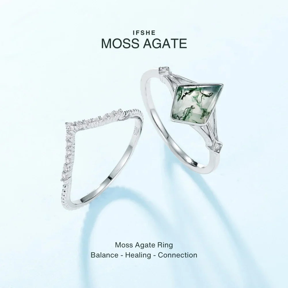 Kite Cut Moss Agate Ring Set in 925 Sterling Silver with White Gold Plating