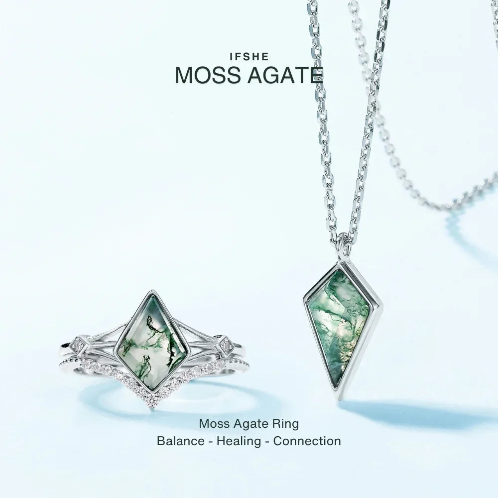 Kite Cut Moss Agate Ring Set in 925 Sterling Silver with White Gold Plating