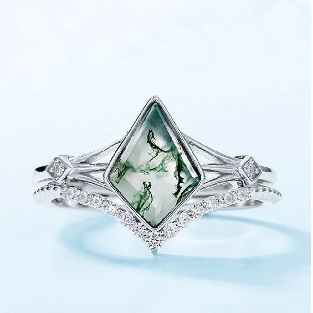 Kite Cut Moss Agate Ring Set in 925 Sterling Silver with White Gold Plating