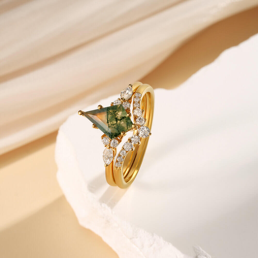 Kite Shaped Moss Agate Engagement Ring Set with Moissanite 18K Yellow Gold