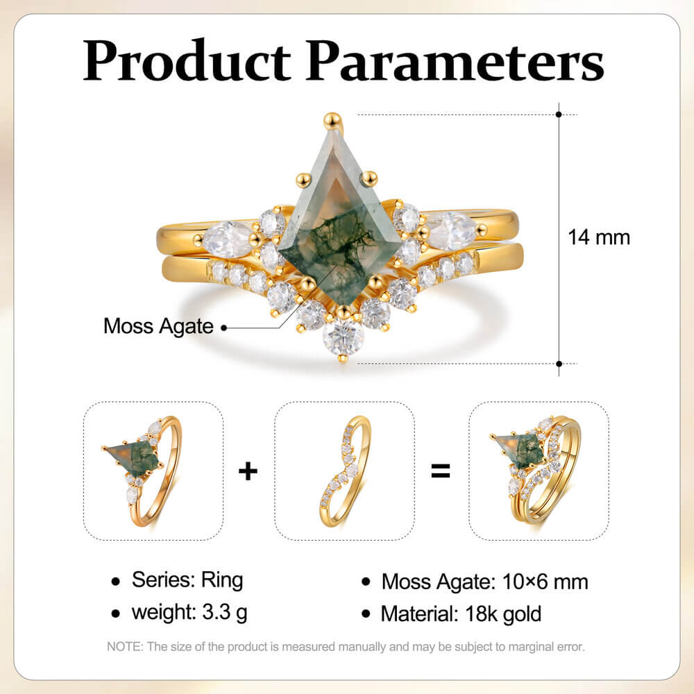 Kite Shaped Moss Agate Engagement Ring Set with Moissanite 18K Yellow Gold