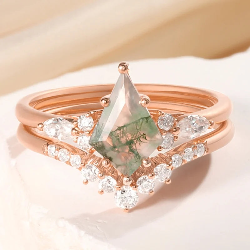 Kite Shaped Moss Agate Engagement Ring Set with Moissanite