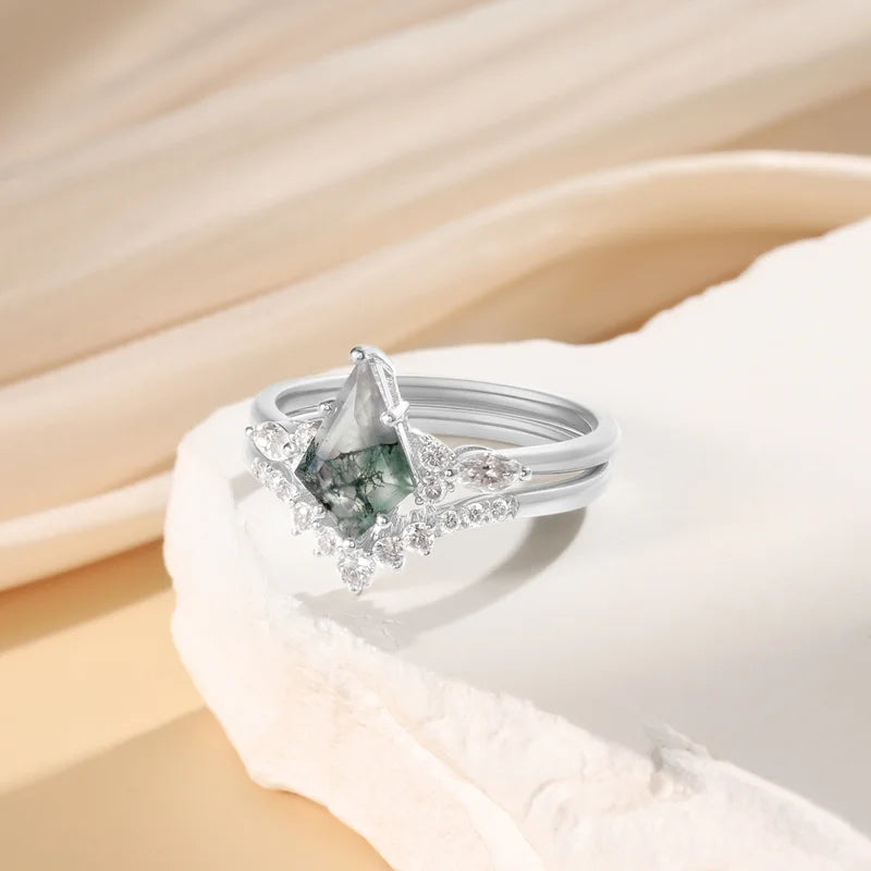 Kite Shaped Moss Agate Engagement Ring Set with Moissanite