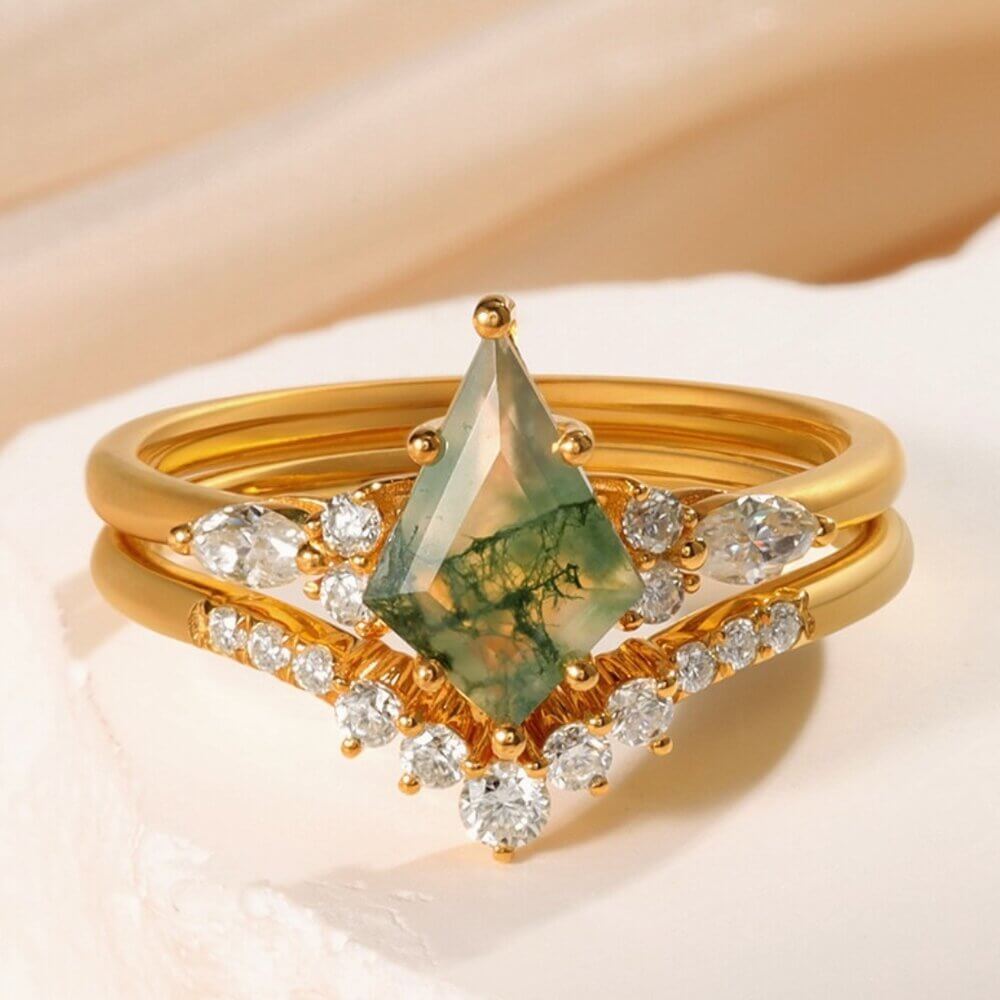 Kite Shaped Moss Agate Engagement Ring Set with Moissanite 18K Yellow Gold