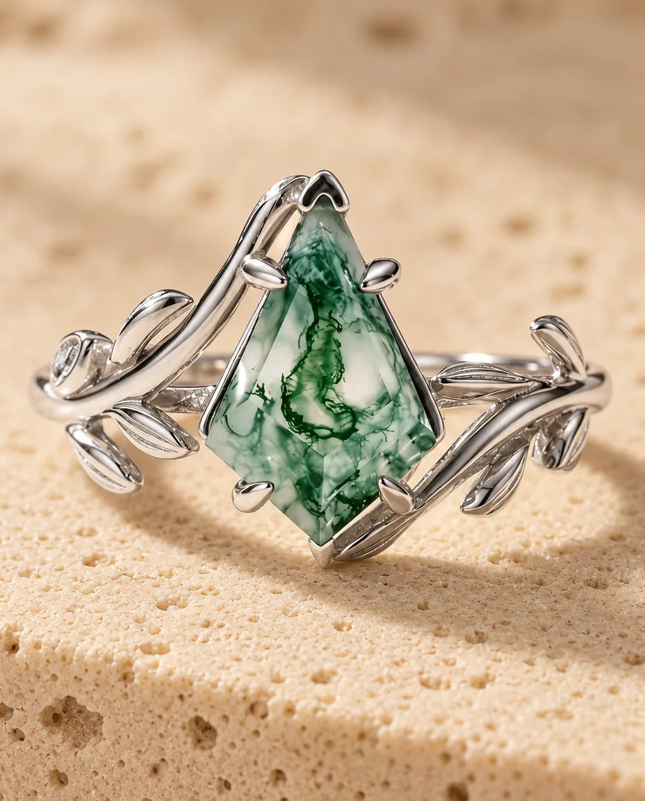 Kite-Cut Moss Agate Ring - close-up of the gemstone