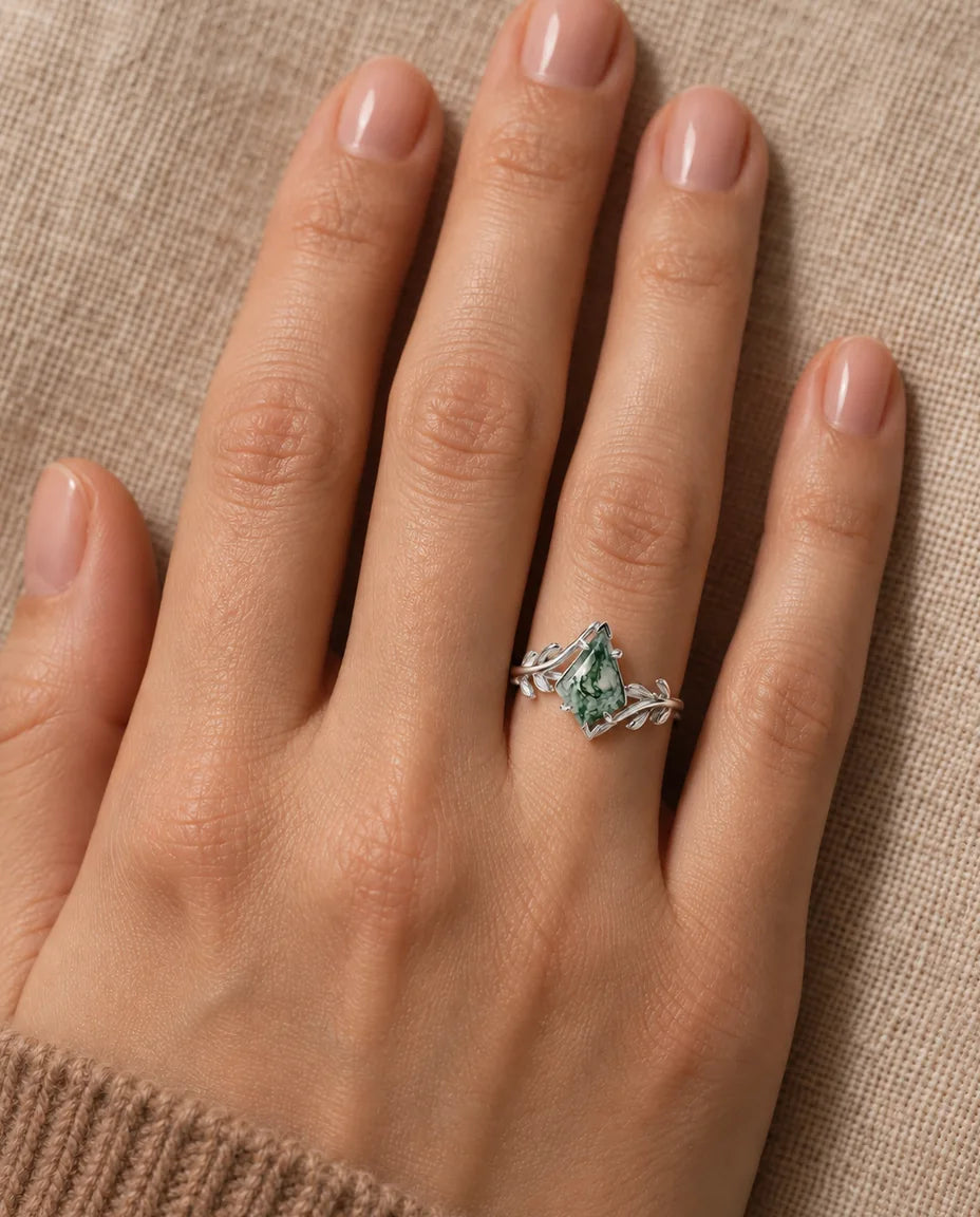 Kite-Cut Moss Agate Ring - worn on the hand, close-up