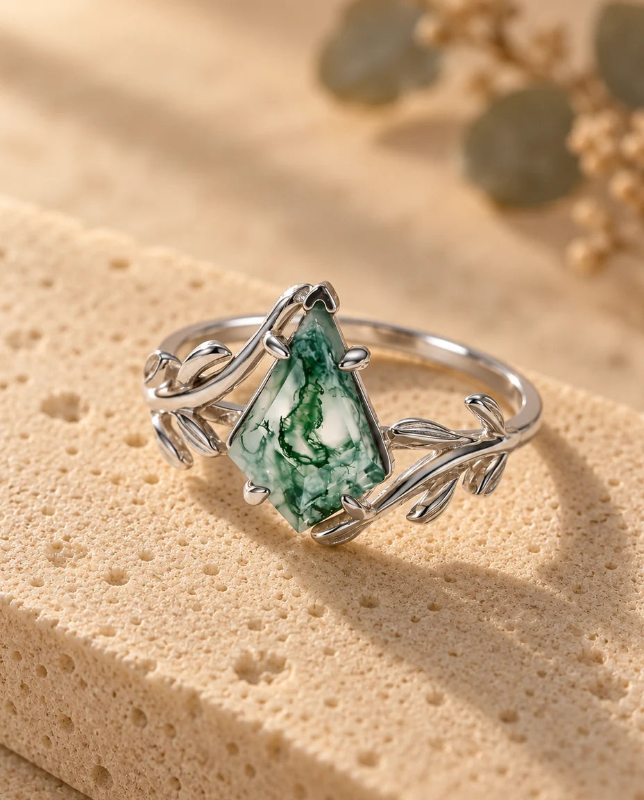 Kite-Cut Moss Agate Ring - three-quarter view