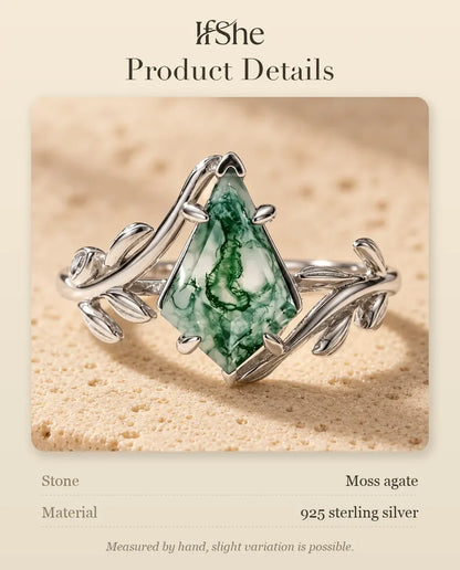 Kite-Cut Moss Agate Ring - size and material details