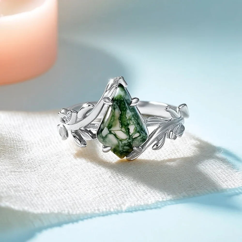 Kite Shaped Moss Agate Leaf Ring in Sterling Silver