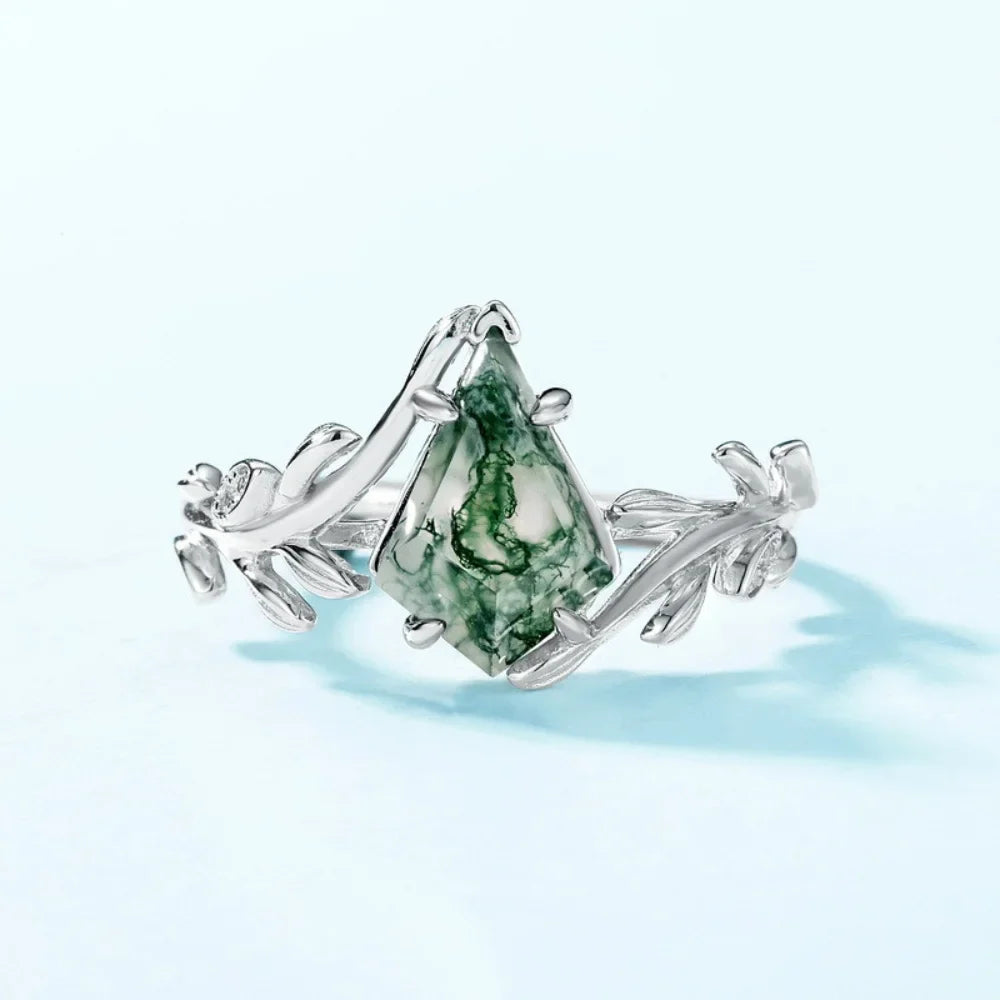 Kite Shaped Moss Agate Leaf Ring in Sterling Silver