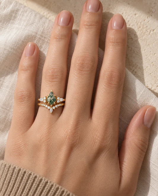 Moss Agate Ring Set - worn on the hand