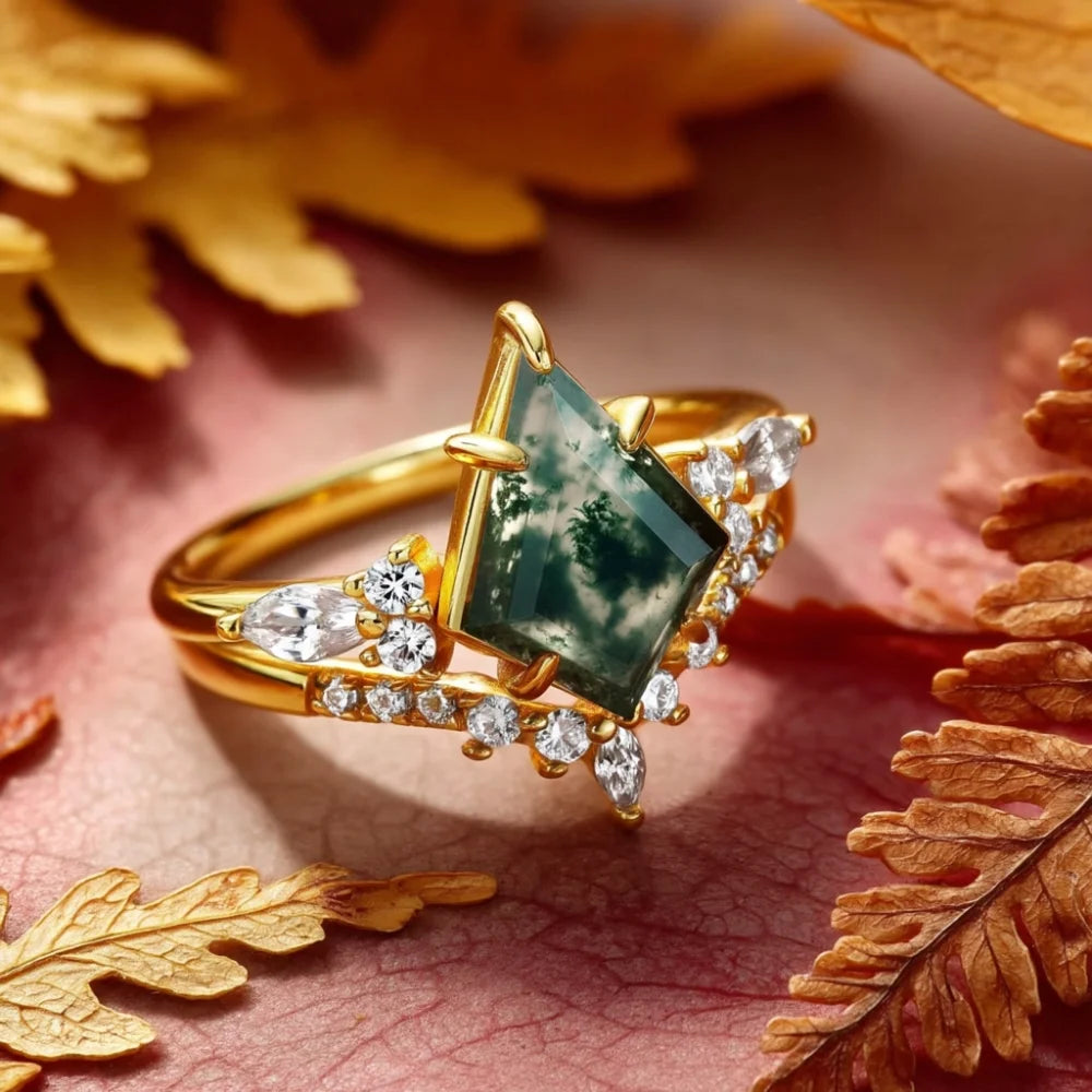 Kite Shaped Moss Agate Ring Set in 925 Sterling Silver