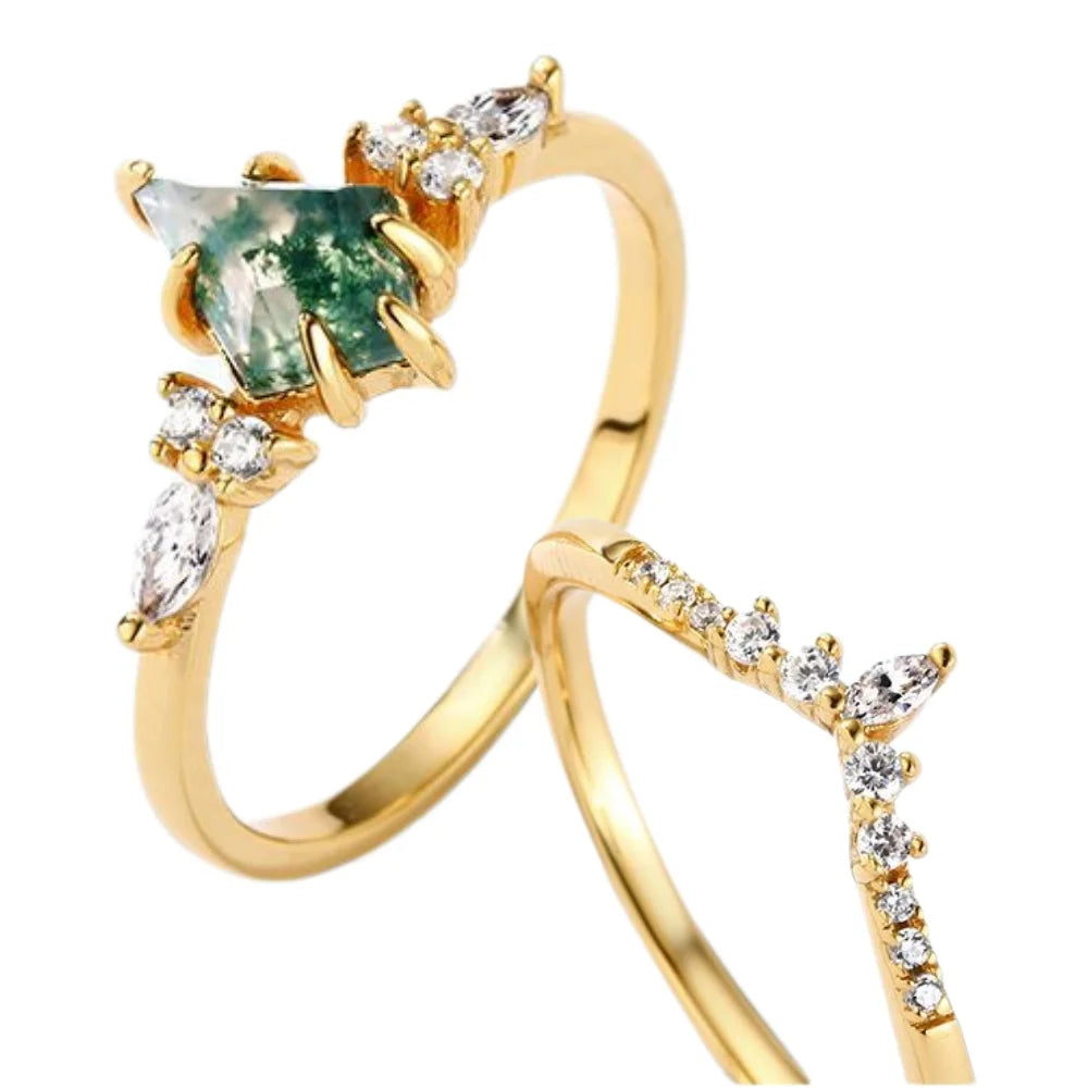 Kite Shaped Moss Agate Ring Set in 925 Sterling Silver