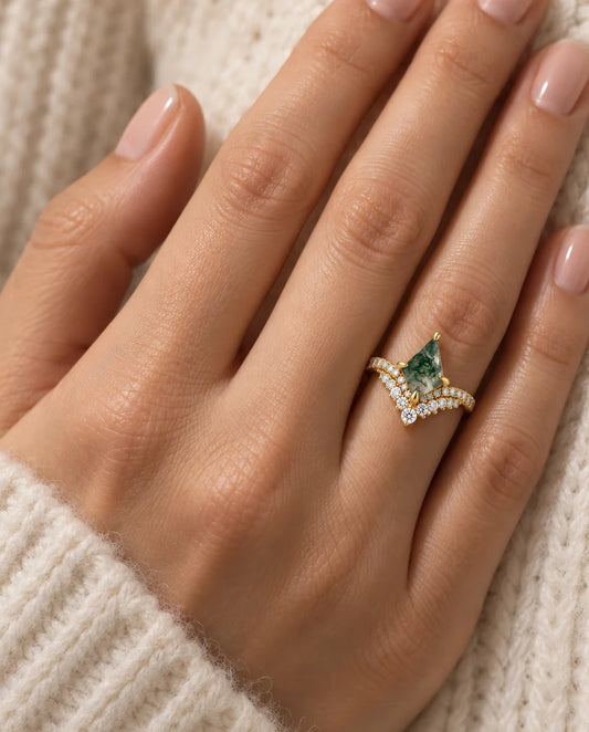 Kite-Shaped Moss Agate Ring - worn on the hand