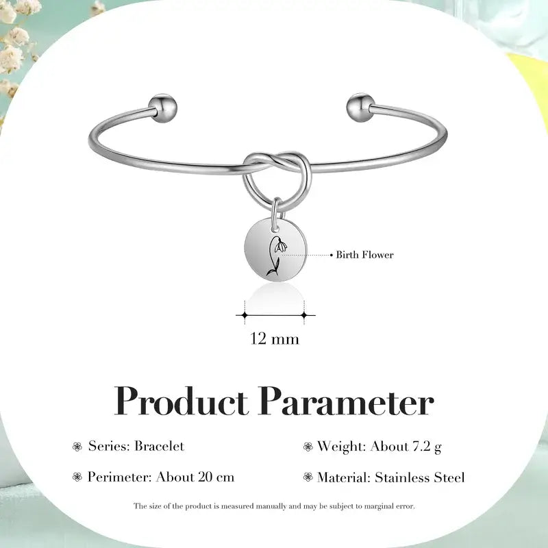Knotted Heart Birth Flower Bangle, Birth Flower Bracelet Silver/Gold/Rose Gold, Birth Flower Jewellery for Her