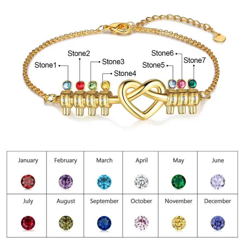 Knotted Heart Engraved Name Personalised Birthstone Bracelet