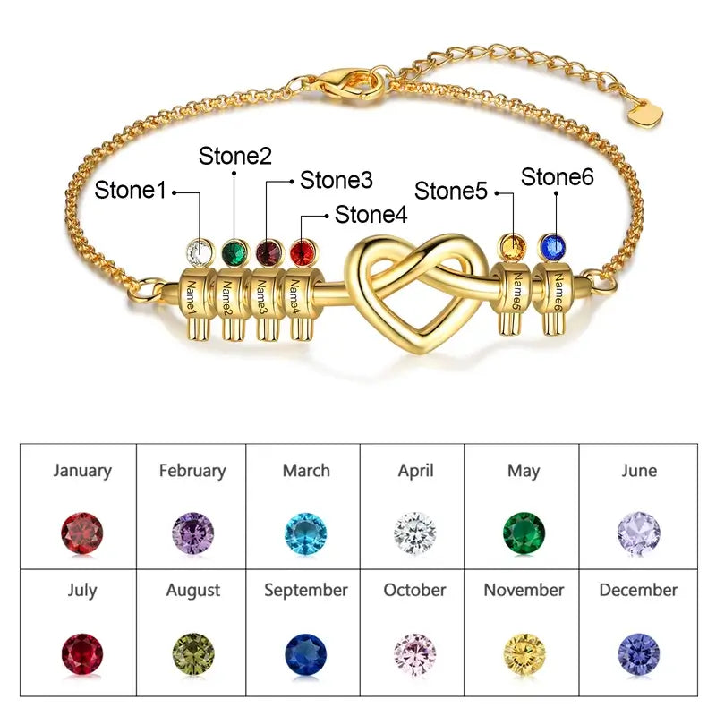 Knotted Heart Engraved Name Personalised Birthstone Bracelet