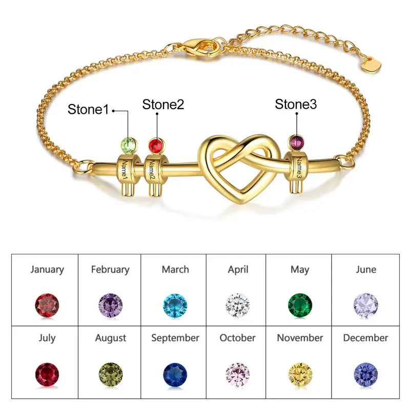 Knotted Heart Engraved Name Personalised Birthstone Bracelet