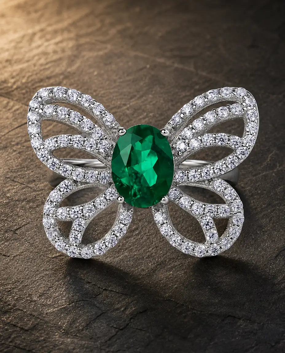 Lab emerald gemstone ring in 925 sterling silver