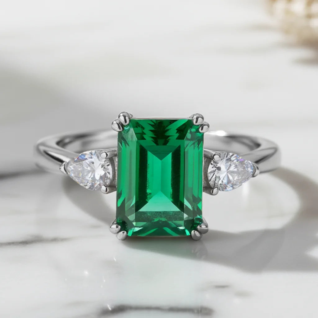 1.23ct Lab Emerald Octagon Cut Ring 925 Sterling Silver in White Gold Vermeil