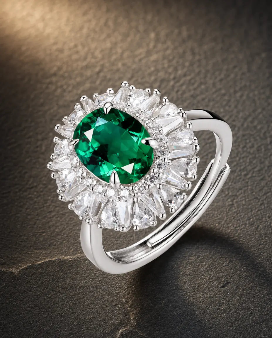 Lab emerald oval sunburst halo adjustable ring in 925 sterling silver