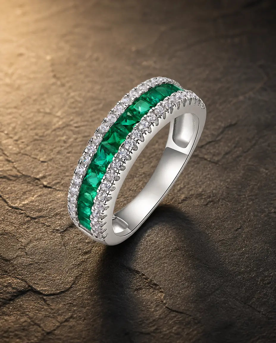 Lab emerald channel-set princess-cut pavé eternity ring in 925 sterling silver