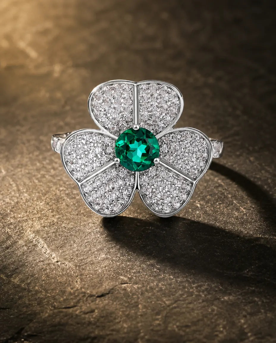 Lab emerald gemstone multi-angle ring in 925 sterling silver