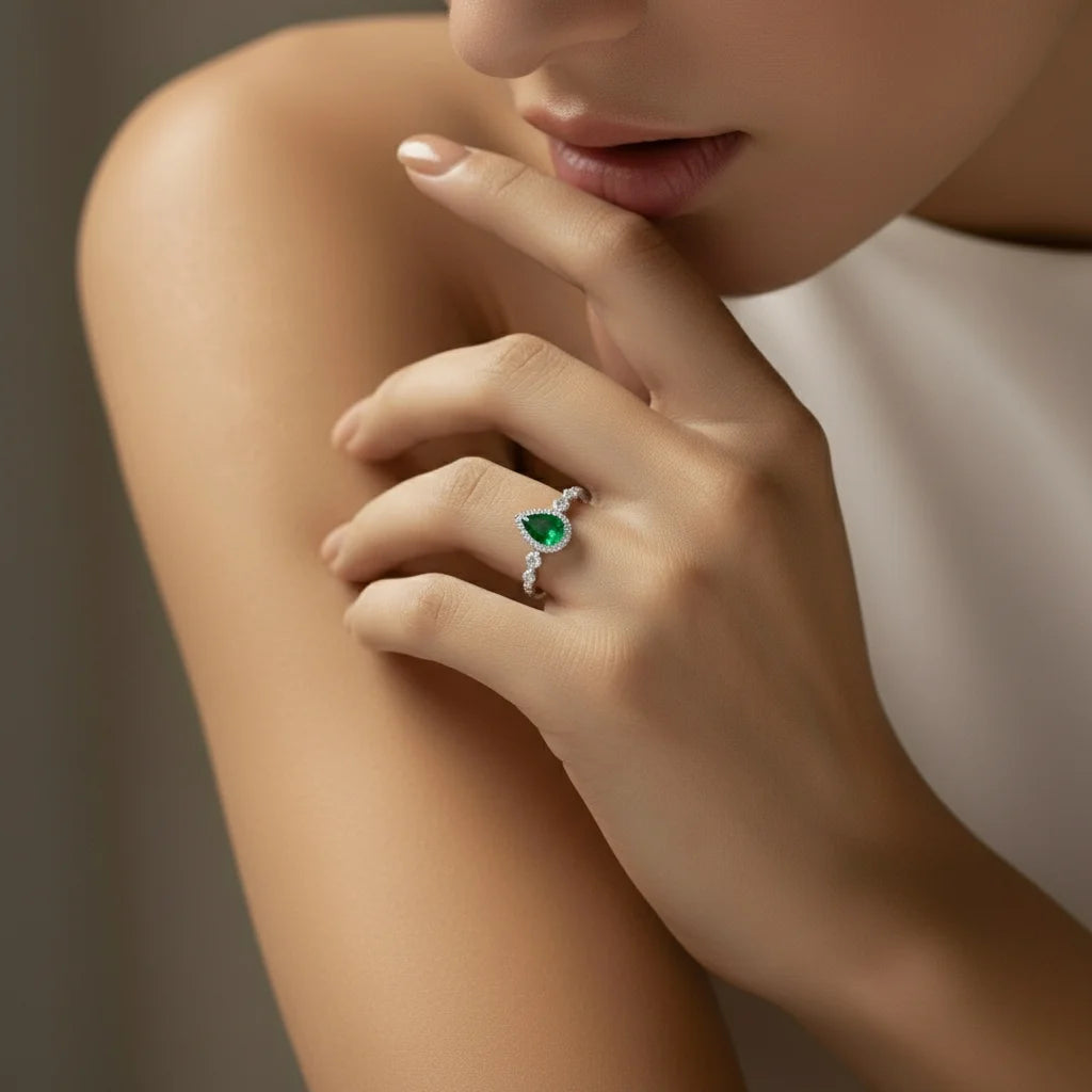 Lab Grown Pear Cut Emerald Engagement Ring for Women 925 Sterling Silver