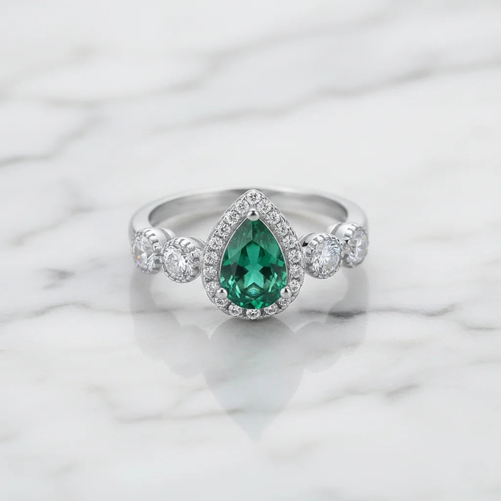 Lab Grown Pear Cut Emerald Engagement Ring for Women 925 Sterling Silver