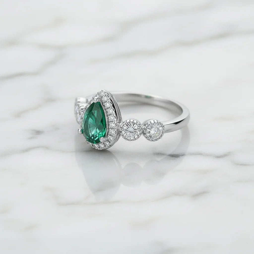 Lab Grown Pear Cut Emerald Engagement Ring for Women 925 Sterling Silver