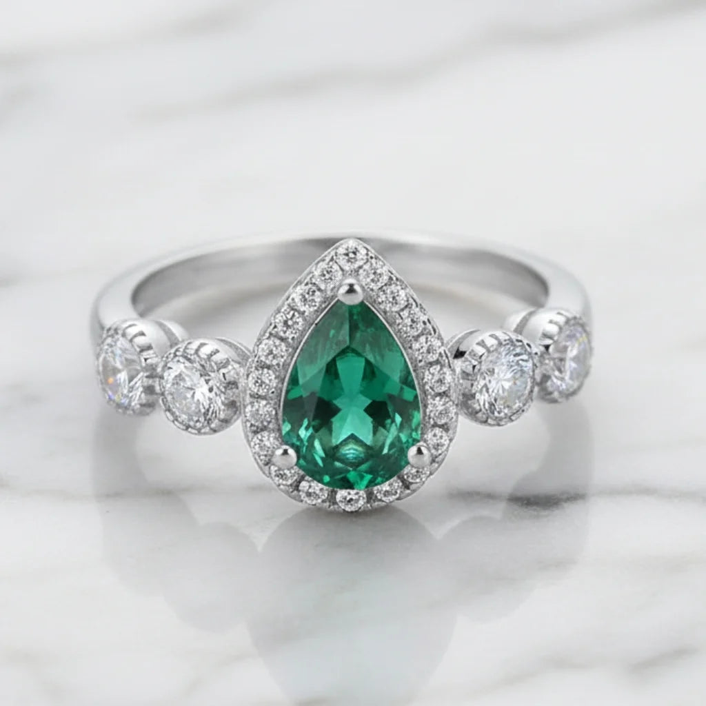 Lab Grown Pear Cut Emerald Engagement Ring for Women 925 Sterling Silver