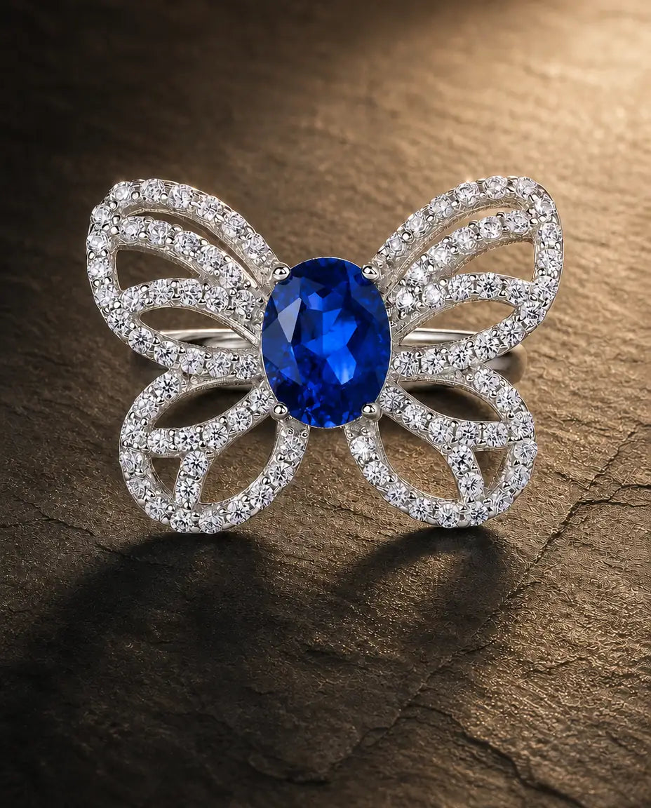 Lab sapphire gemstone multi-angle ring in 925 sterling silver