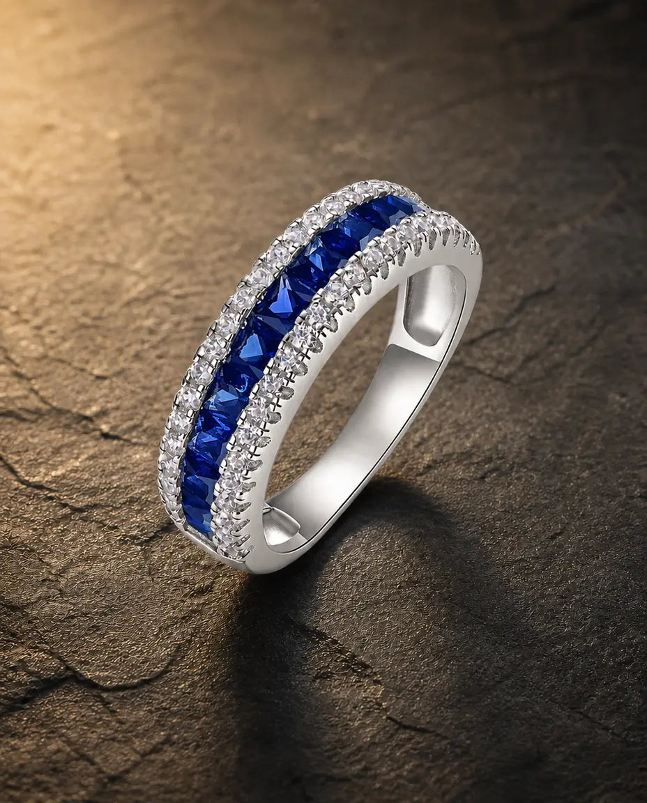 Lab sapphire channel-set princess-cut pavé eternity ring in 925 sterling silver